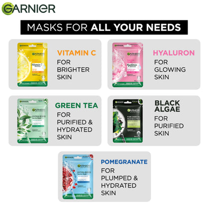 Garnier Face Serum Sheet Mask Pack of 10 (Vit C + Hydra Bomb + Sakura + Hydra Bomb Blue + Charcoal)