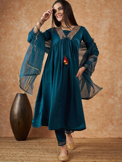 Indyancart SN Women's Embroidered Empire Velvet Kurta With Trousers & Dupatta
