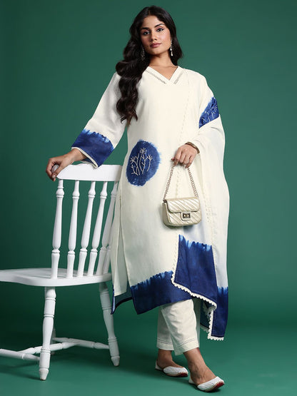 Indyancart IE Plus Size Ombre Printed Thread Work Linen Kurta with Trousers & With Dupatta