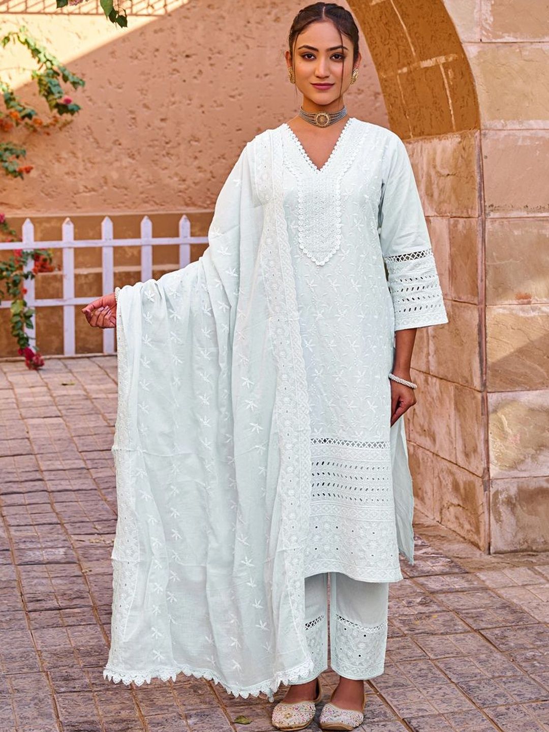 Women Ethnic Motifs Embroidered Regular Chikankari Pure Cotton Kurta with Trousers & With Dupatta