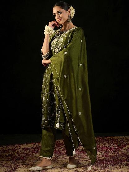 Dhiyona IE Ethnic Motifs Embroidered Straight Kurta With Trousers & Dupatta