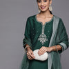 Indyancart VA Women's Green Ethnic Motifs Embroidered Kurta with Trousers & With Dupatta