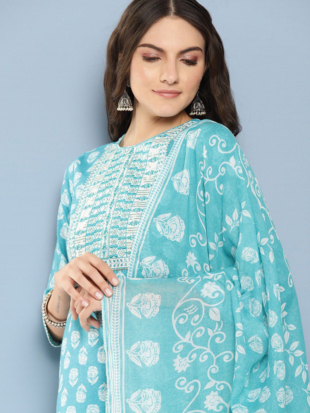 Dhiyona IE Floral Printed Sequinned Pure Cotton Straight Kurta With Trousers & Dupatta