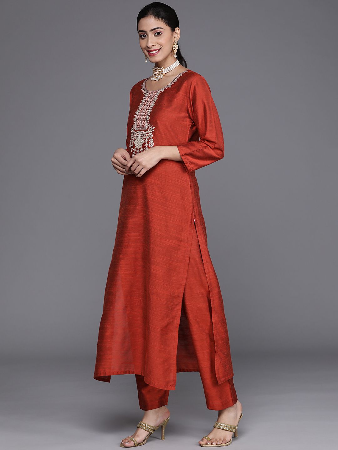 Indyancart VA Women's Rust Ethnic Motifs Embroidered Dupion Silk Kurta with Trousers & With Dupatta