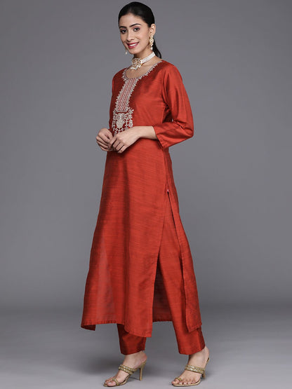 Indyancart VA Women's Rust Ethnic Motifs Embroidered Dupion Silk Kurta with Trousers & With Dupatta