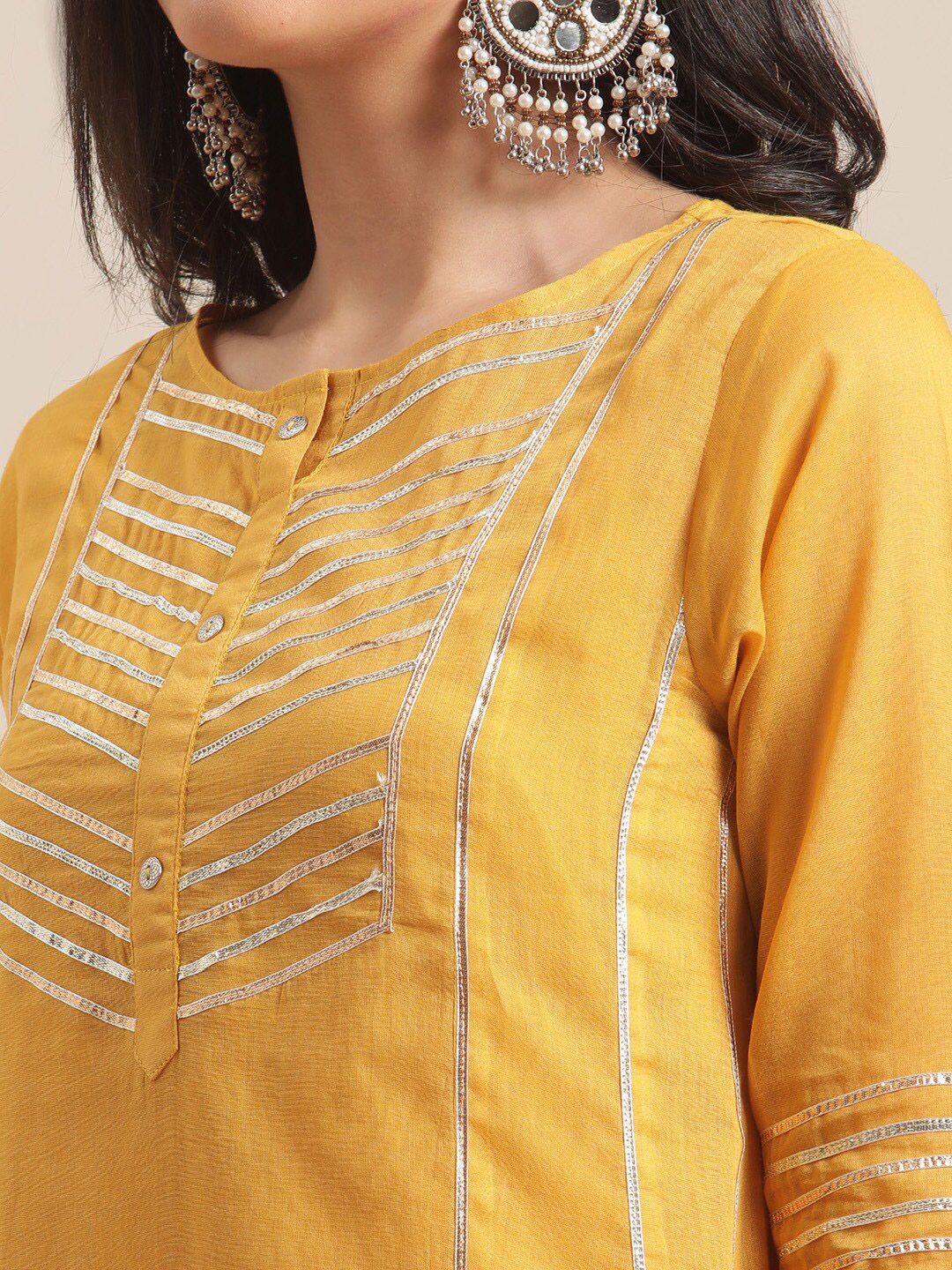 Indyancart VA Women's Mustard Yellow Panelled Gotta Patti Pure Cotton Kurta with Trousers