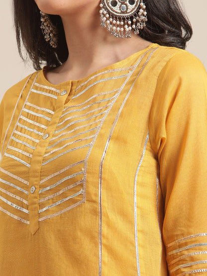 Indyancart VA Women's Mustard Yellow Panelled Gotta Patti Pure Cotton Kurta with Trousers