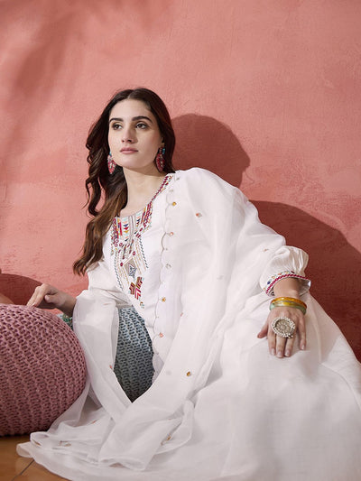 Indyancart SN Women's White Thread Work Round Neck A-Line Kurta With Trousers And Dupatta