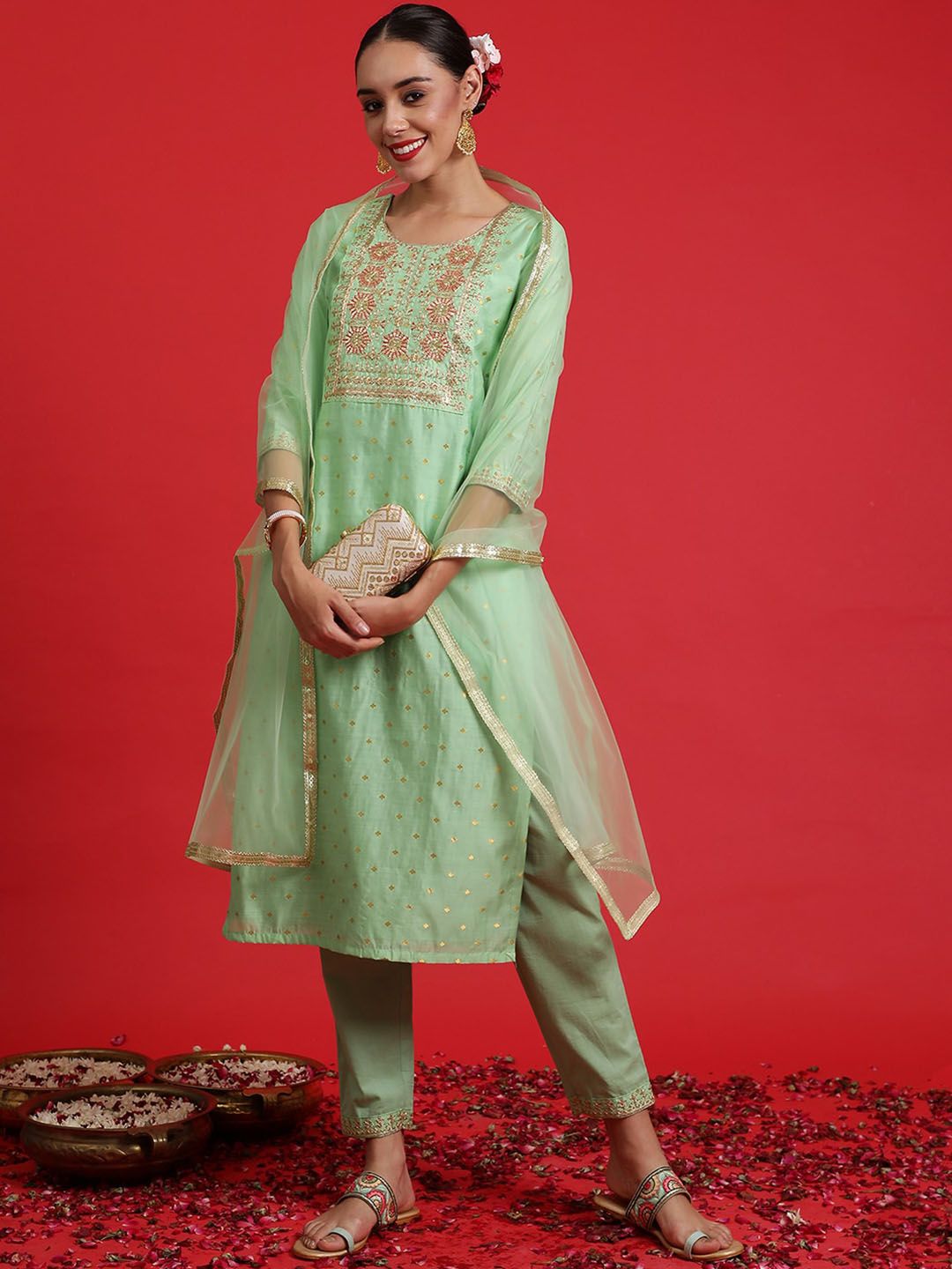 Indyancart IE Ethnic Motifs Embroidered Chanderi Silk Kurta Withth Trousers & Dupattta