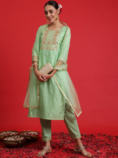 Indyancart IE Ethnic Motifs Embroidered Chanderi Silk Kurta Withth Trousers & Dupattta