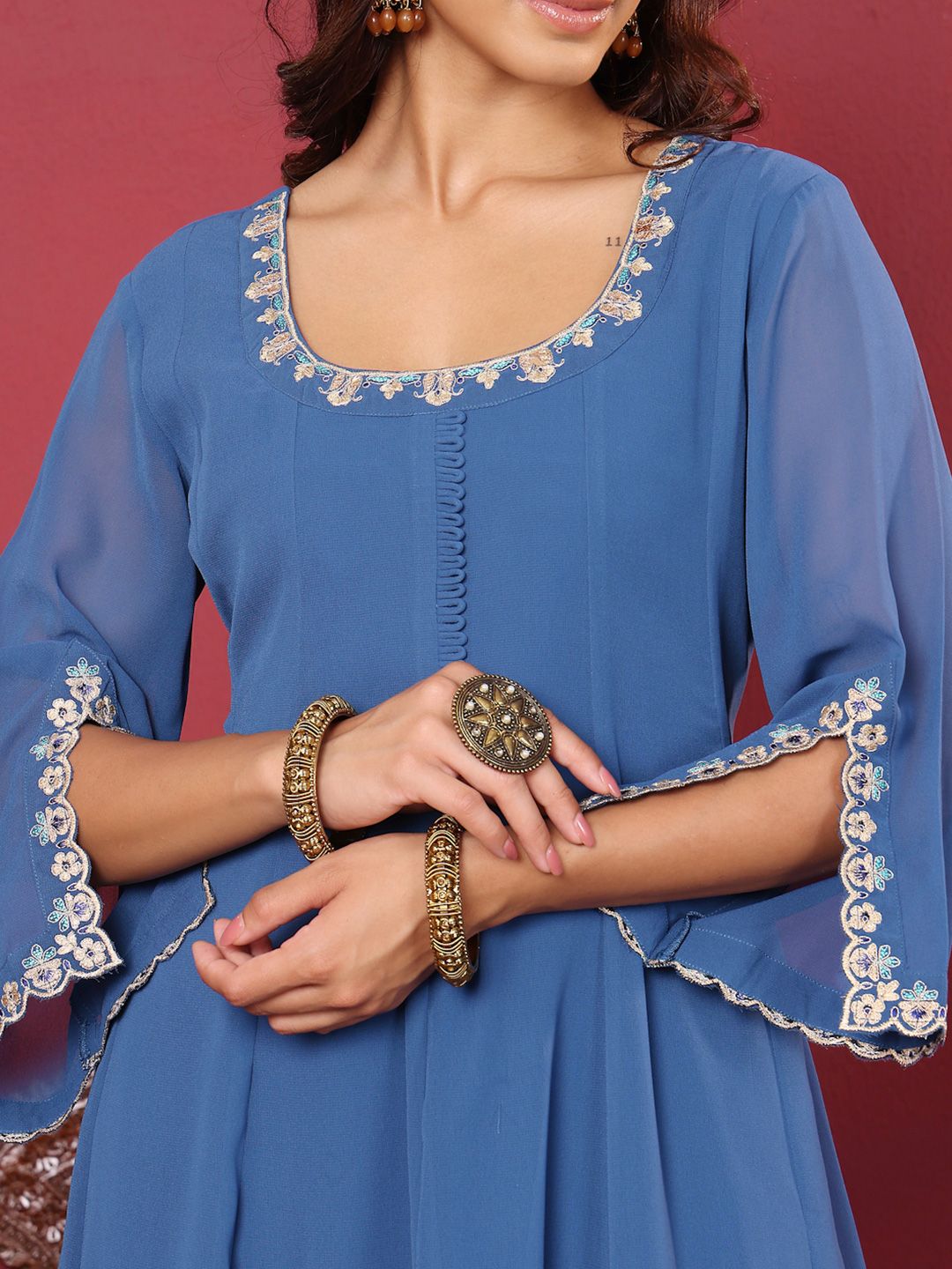 Indyancart VA Women'sFloral Embroidered Silk Georgette Anarkali Kurta With Palazzos & Dupatta