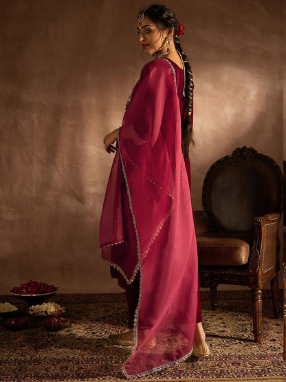 Indyancart IE Women Empire Thread Work Velvet Kurta with Trousers & With Dupatta