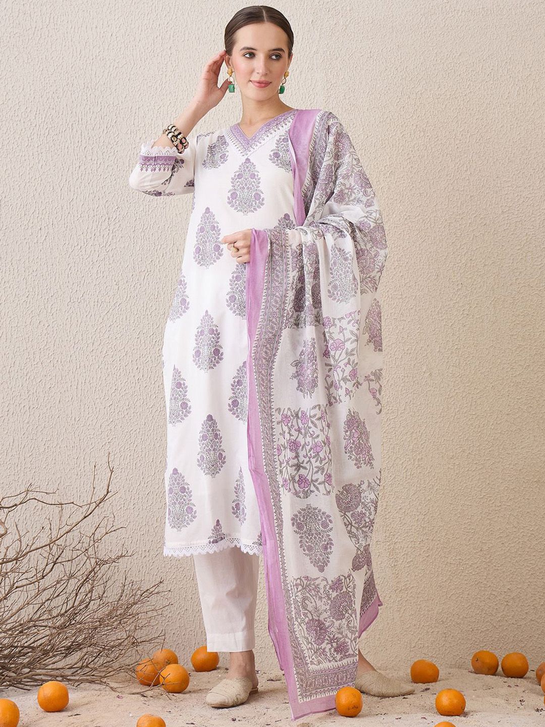 Indyancart IE Floral Printed V-Neck Pure Cotton Sequinned Kurta With Trousers & Dupatta