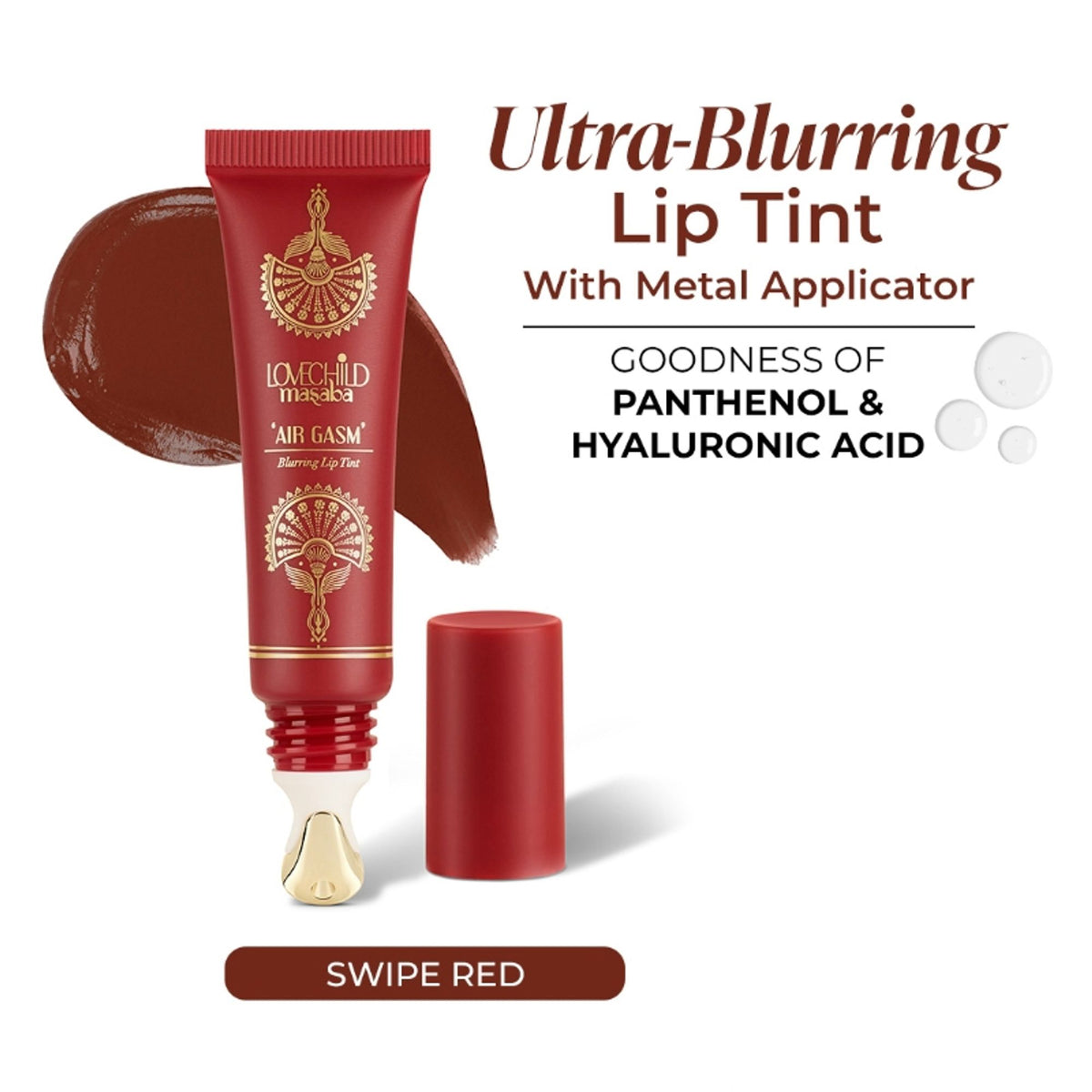 LoveChild Masaba Air Gasm Blurring Lip Tint in Swipe Red, vibrant red lip color with smooth, glossy finish.