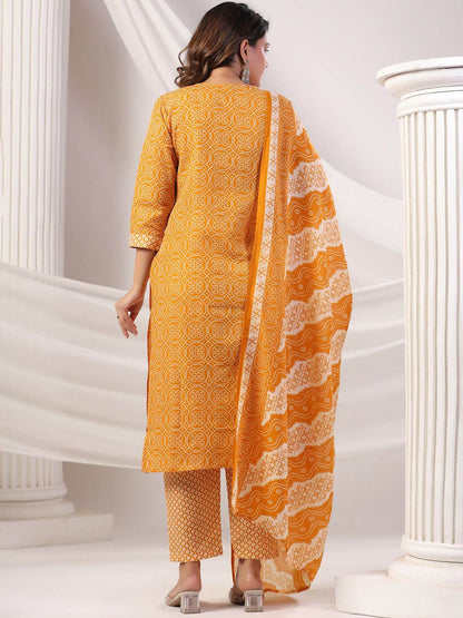 Women Bandhani Printed Regular Mirror Work Kurta Trousers With Dupatta