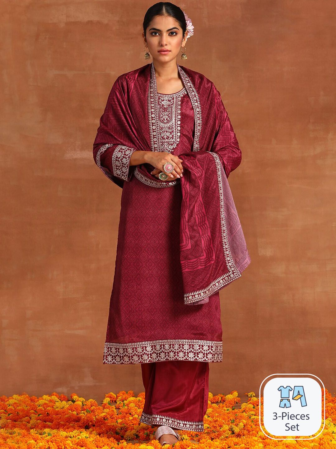 Indyancart IE Ethnic Motifs Printed Sequinned Detail Straight Kurta & Palazzos With Dupatta