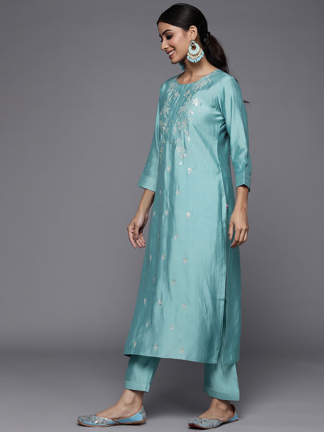 Indyancart VA Women's Blue Ethnic Motifs Embroidered Sequinned Kurta with Trousers & With Dupatta