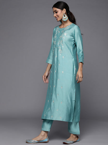 Indyancart VA Women's Blue Ethnic Motifs Embroidered Sequinned Kurta with Trousers & With Dupatta