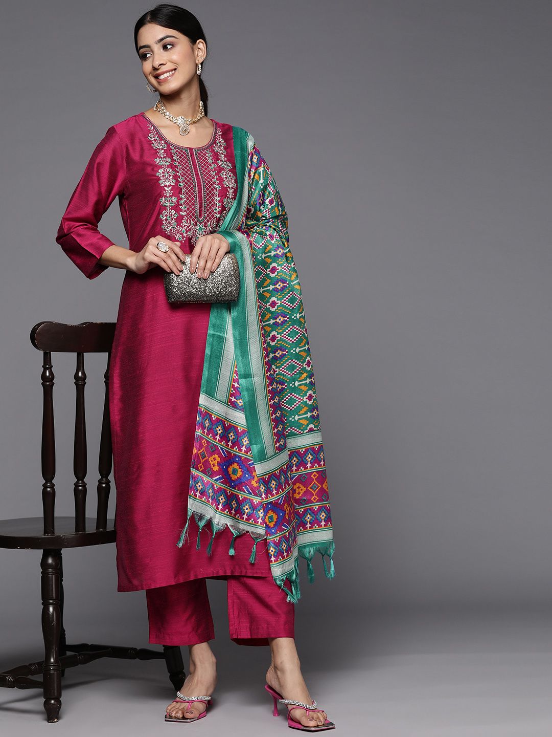 Indyancart VA Women'sEthnic Motifs Embroidered Dupion Silk Kurta With Trousers & With Dupatta
