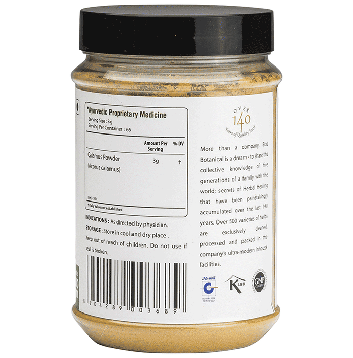 Bixa Botanical Vacha Powder, Ayurvedic herbal powder in a glass jar with a scoop, used for traditional herbal remedies.