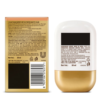 Lakme Sun Expert Tinted Matte Fluid SPF 50 Sunscreen with 1% Ceramide for Barrier Repair - Bronze