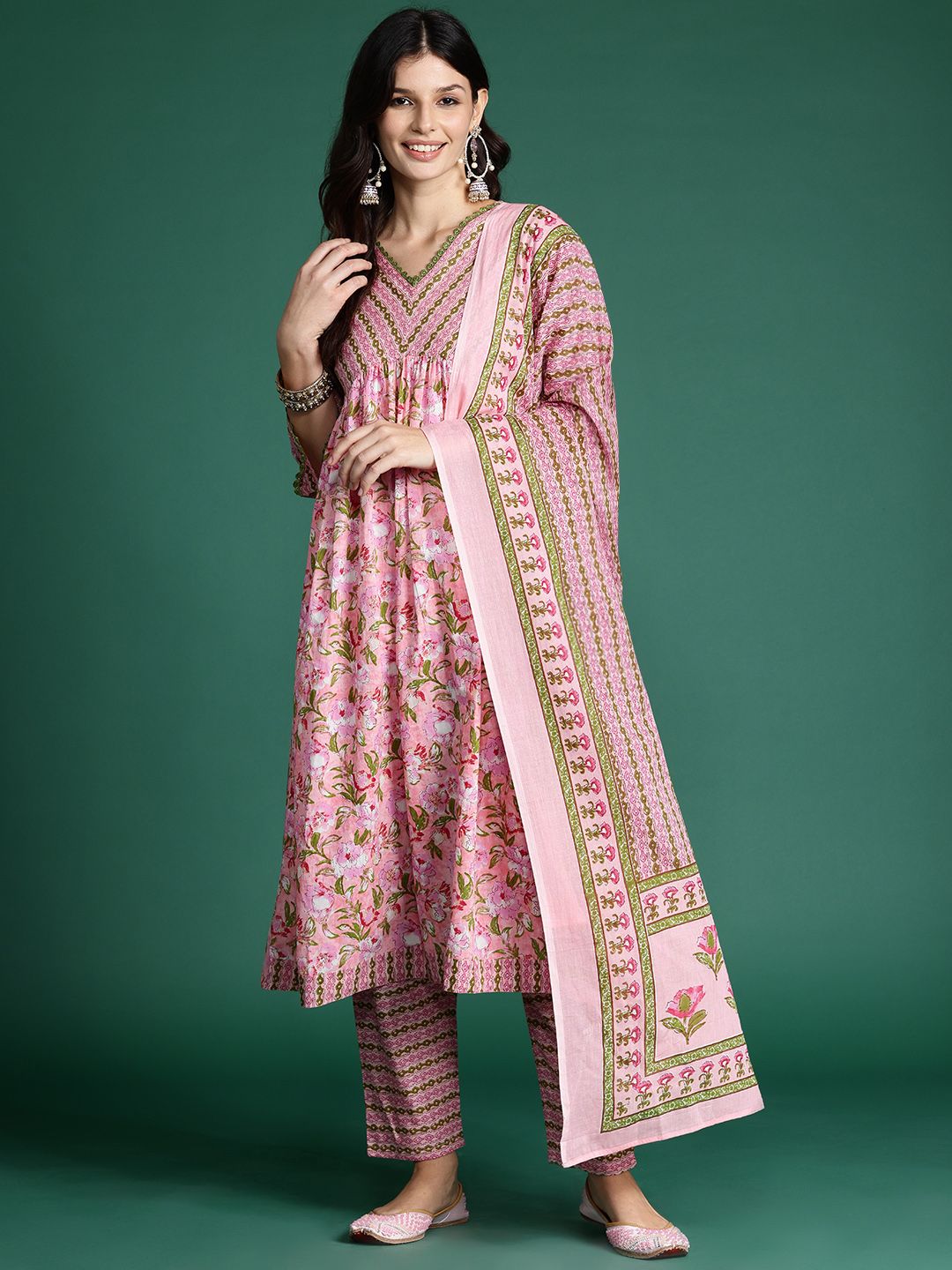 Indyancart IE Floral Printed Empire Pure Cotton Kurta with Trousers & Dupatta