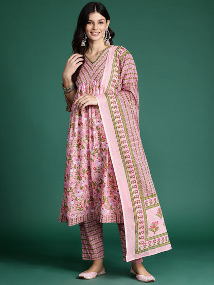 Indyancart IE Floral Printed Empire Pure Cotton Kurta with Trousers & Dupatta
