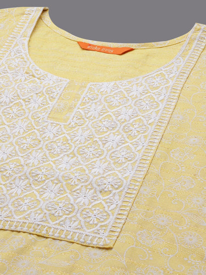 Yellow Floral Embroidered Thread Work Straight Kurta With Trousers & Dupatta