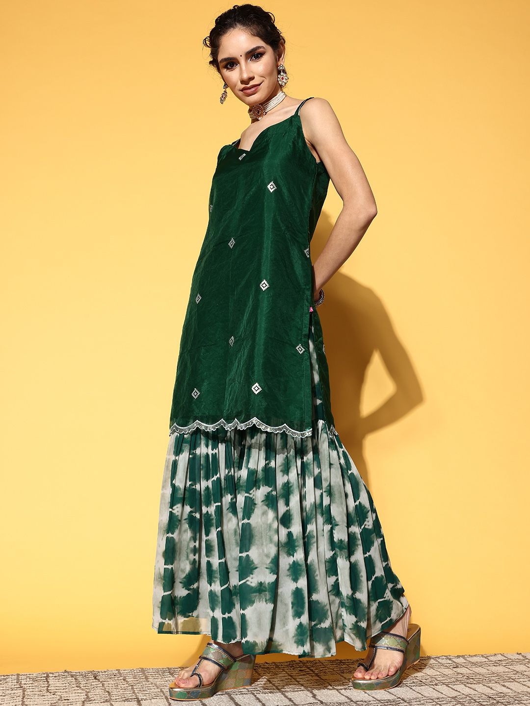 Indyancart VA Women Green Embroidered Sequinned Kurta with Sharara & Dupatta