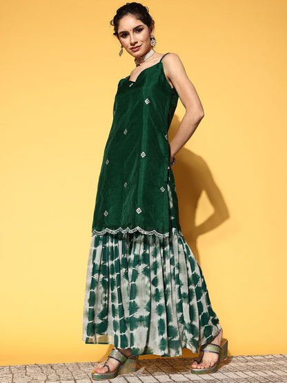 Indyancart VA Women Green Embroidered Sequinned Kurta with Sharara & Dupatta