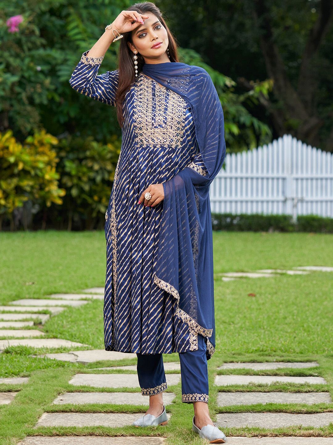 Indyancart IE Blue Leheriya Printed A-Line Thread Work Kurta With Trousers & Dupatta