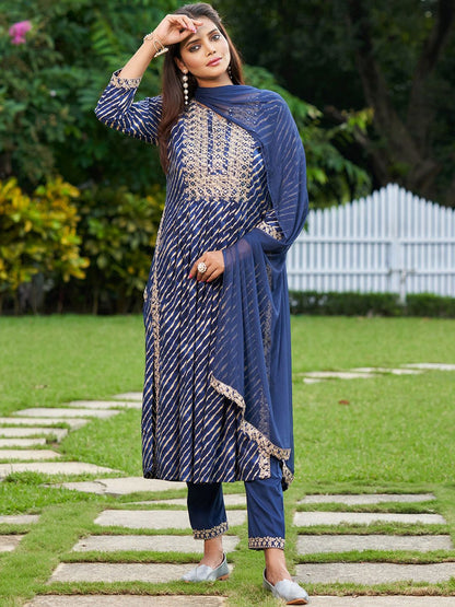 Indyancart IE Blue Leheriya Printed A-Line Thread Work Kurta With Trousers & Dupatta