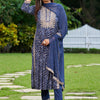 Indyancart IE Blue Leheriya Printed A-Line Thread Work Kurta With Trousers & Dupatta