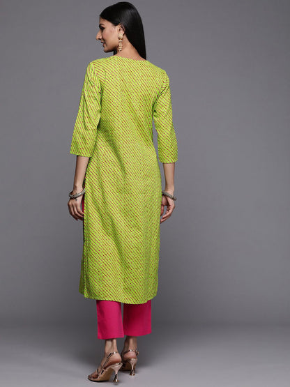 Indyancart VA Women's Green Leheriya Embroidered Pure Cotton Kurta with Trousers