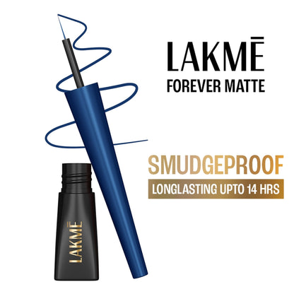 Blue Lakme Forever Matte Liquid Eyeliner in sleek packaging with the applicator visible.