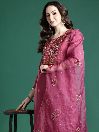 Floral Embroidered Kurta with Trousers & Dupatta
