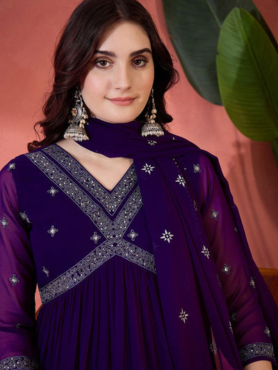 Indyancart SN Women's Solid Floral Embroidered A-Line Pleated Empire Kurta & Trousers With Dupatta