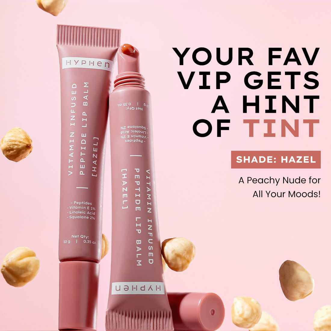 Hyphen by Kriti Sanon hazel vitamin-infused peptide lip balm, hydrating, smoothing lips and repairing moisture barrier.