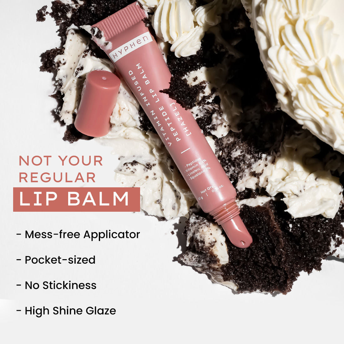Hyphen by Kriti Sanon hazel vitamin-infused peptide lip balm, hydrating and smoothing lips with a sleek tube design.
