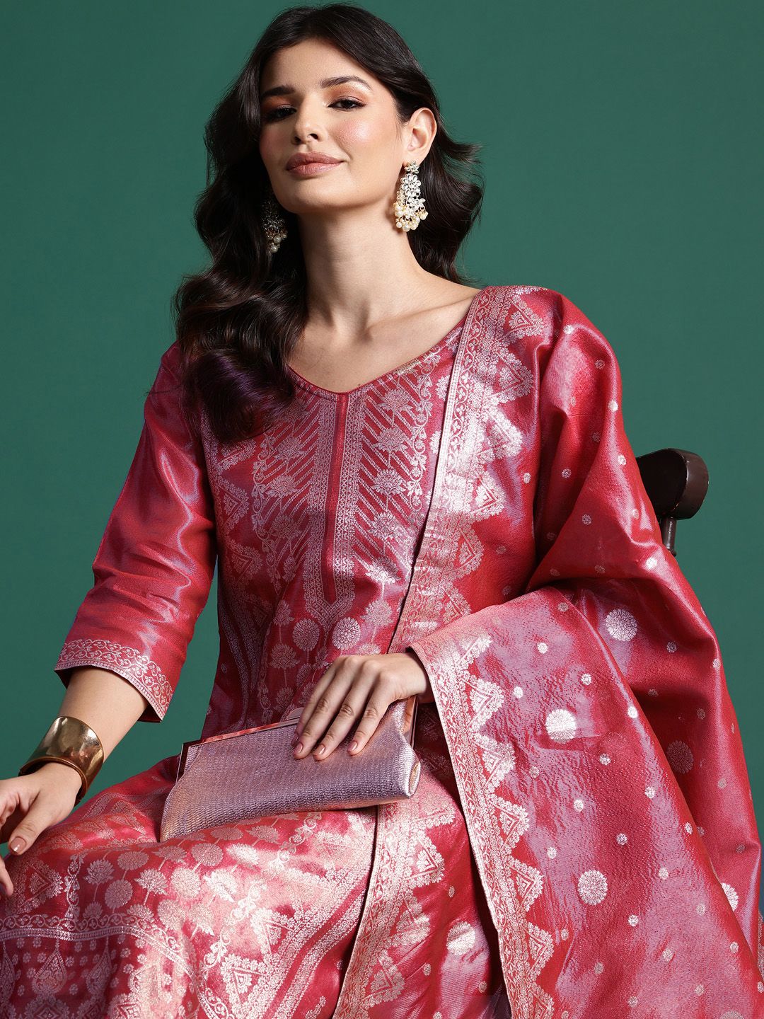 Women Ethnic Motifs Jacquard Zari Kurta with Trousers & With Dupatta