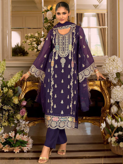 Indyancart IE Women's Ethnic Motifs Embroidered Zari Organza Straight Kurta & Trousers With Dupatta