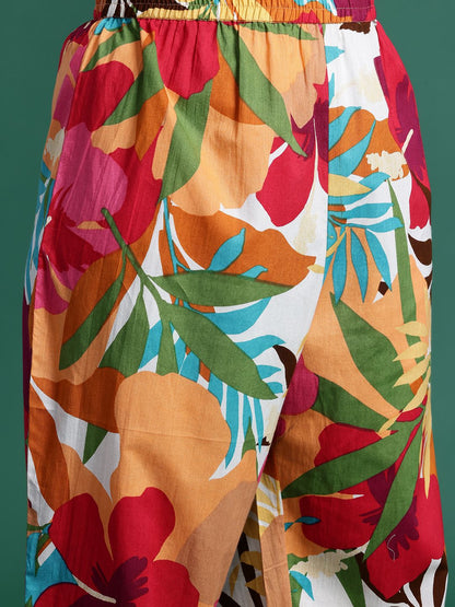 Indyancart IE Plus Size Floral Printed Pure Cotton Kurta with Trousers