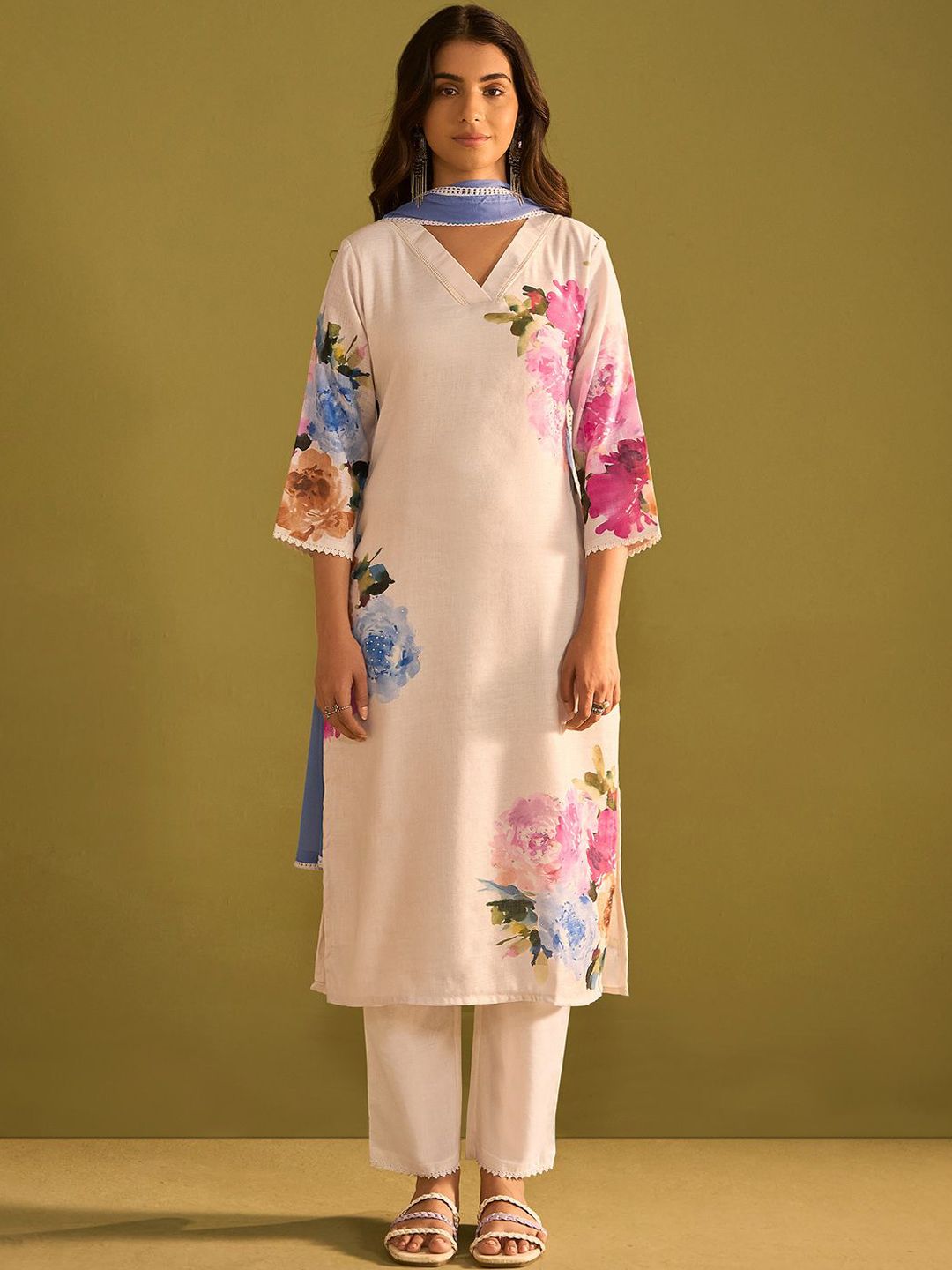 Floral Printed Beads and Stones Linen Straight Kurta with Trouser & Dupatta