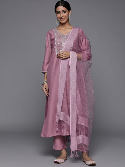 Indyancart VA Women's Mauve Ethnic Motifs Embroidered Gotta Patti Kurta with Trousers & With Dupatta
