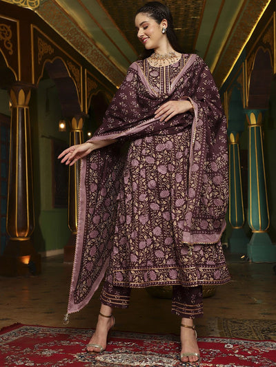 Indyancart SN Women's Purple Floral Printed Pure Cotton Anarkali Kurta & Trouser With Dupatta
