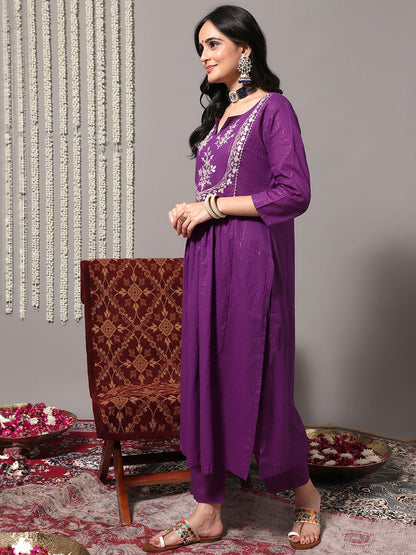 Indyancart VA Women's Purple Ethnic Motifs Yoke Design Pure Cotton Kurta with Trousers & Dupatta