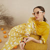 Dhiyona IE V Neck Floral Printed Empire Mirror Work Pure Cotton Kurta Set
