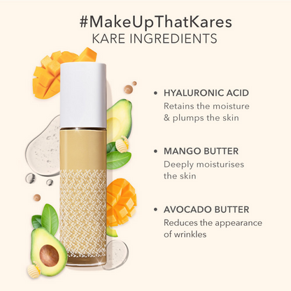 Kay Beauty Hydrating Foundation in shade 145N Medium, creamy texture and smooth finish, showcased in a sleek bottle.