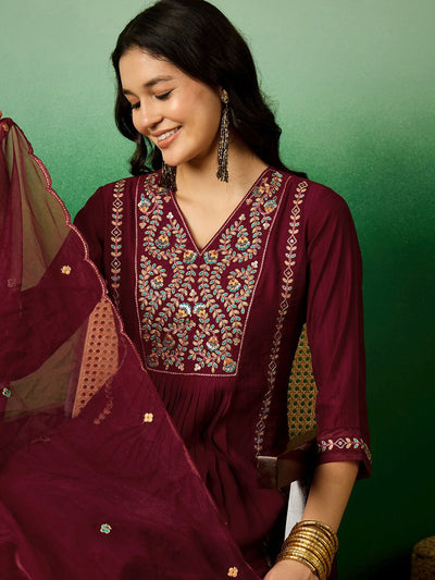 Indyancart SN Women's Maroon Floral Embroidered V-Neck Sequinned A-Line Kurta With Pant & Dupatta