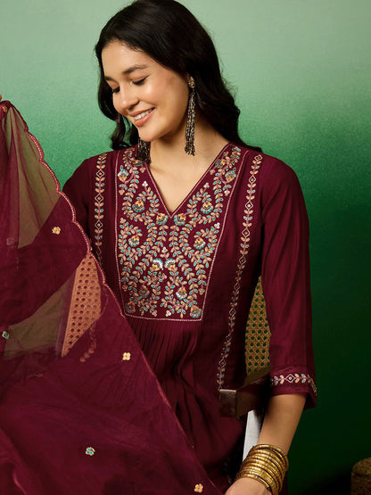 Dhiyona SN Women's Maroon Floral Embroidered V-Neck Sequinned A-Line Kurta With Pant & Dupatta